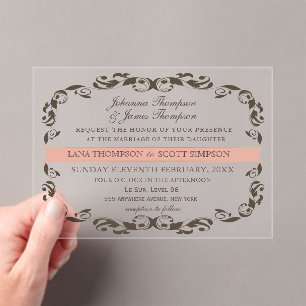 CLEAR Elegant Flourish Filligree White Wedding Acrylic Invitations