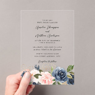 Clear Navy Blush Floral Wedding Acrylic Invitations