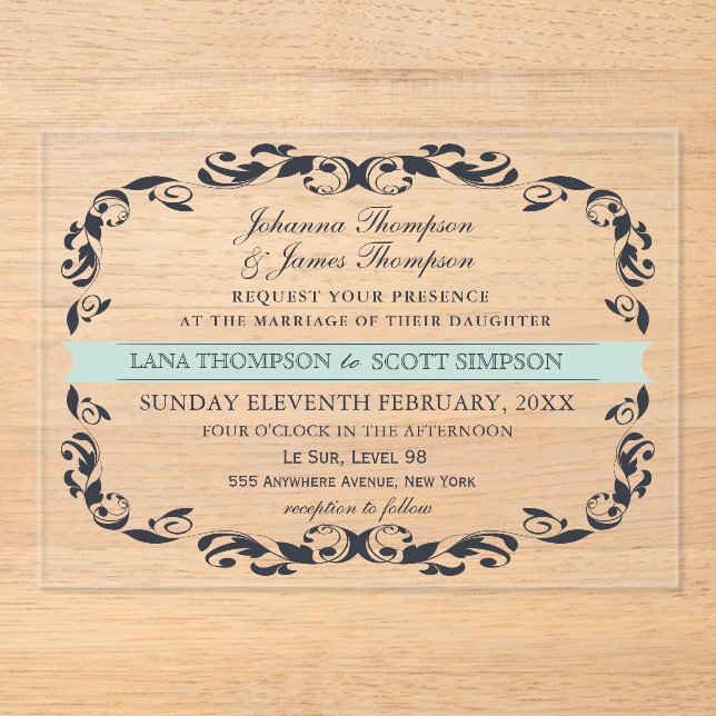 CLEAR Navy Elegant Victorian Filigree Wedding Acrylic Invitations (Front)
