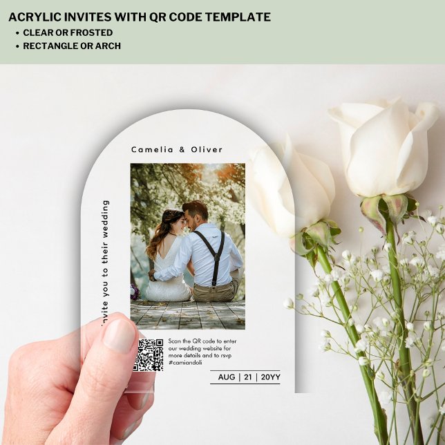 CLEAR PHOTO Wedding Save Date Modern QR Code RSVP Acrylic Invitations (Creator Uploaded)