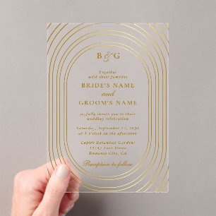 Clear Transparent Gold Arches Monogram Wedding Acrylic Invitations