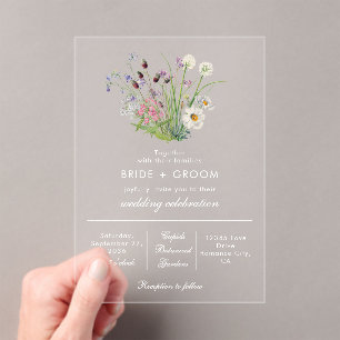 Clear Transparent Modern Wildflower Wedding Acrylic Invitations