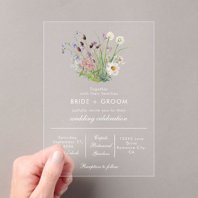 Clear Transparent Modern Wildflower Wedding Acrylic Invitations (Insitu (Handheld))