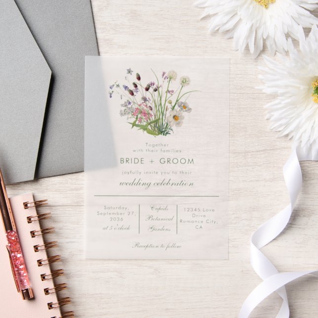 Clear Transparent Modern Wildflower Wedding Vellum Invitations (Wedding)