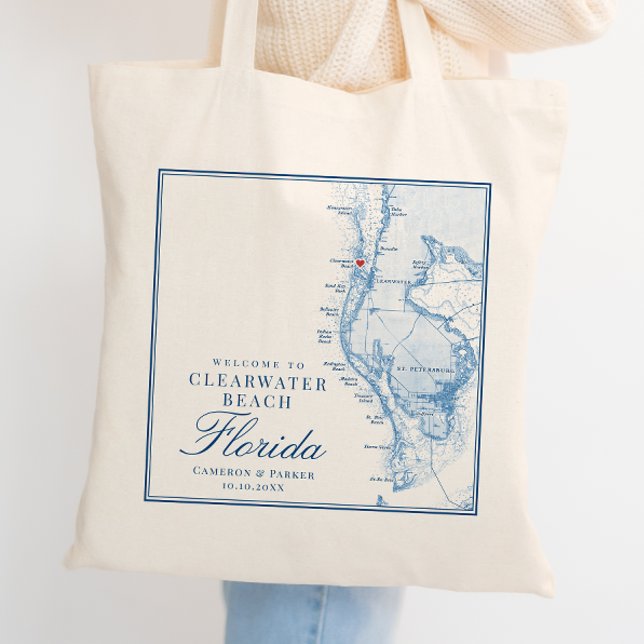 Clearwater Beach FL Blue Wedding Welcome Tote Bag (Clearwater Beach FL Custom Wedding Tote Bag Welcome Bag in Elegant Navy Blue by Coastal Map Designs)