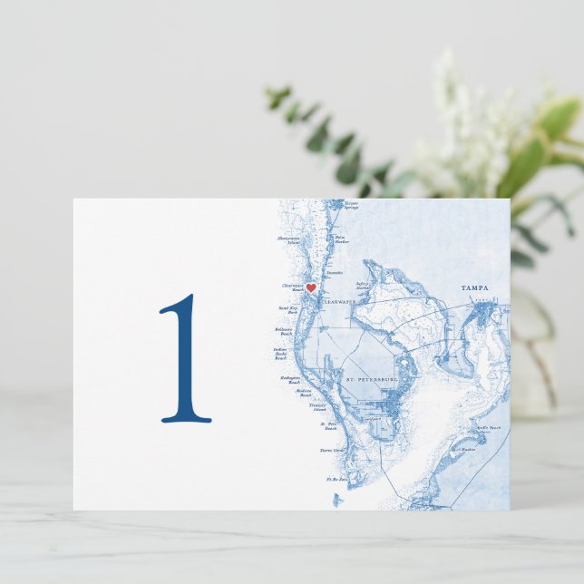Clearwater Beach FL Map Blue Wedding Table Numbers (Standing Front)