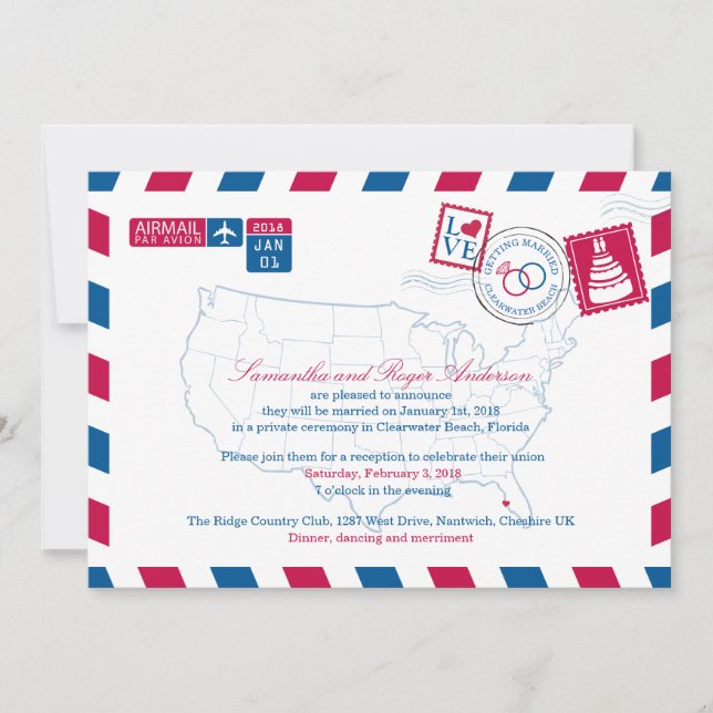 Clearwater Beach Florida Airmail Wedding Reception Invitation (Front)