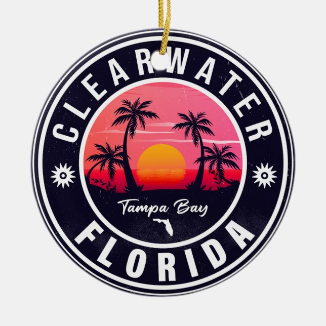 Clearwater Beach Florida Retro Sunset Souvenirs Ceramic Tree Decoration (Front)