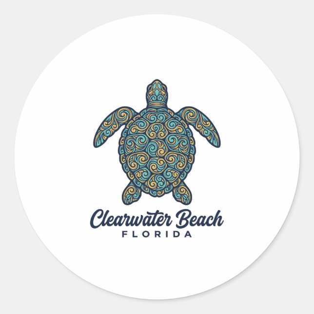 Clearwater Beach Florida Sea Turtle Vector Design_ Classic Round Sticker (Front)