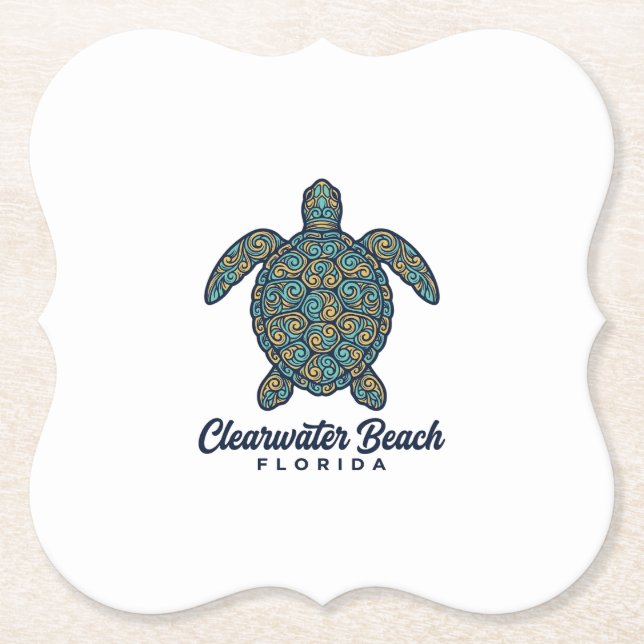 Clearwater Beach Florida Sea Turtle Vector Design_ Paper Coaster (Front)