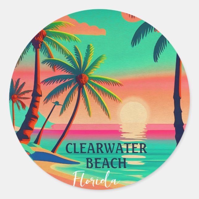 Clearwater Beach Florida Tropical Palm Tree 1950s Classic Round Sticker (Front)