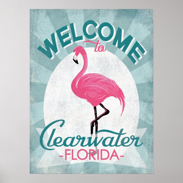 Clearwater Florida Pink Flamingo Retro Poster (Front)
