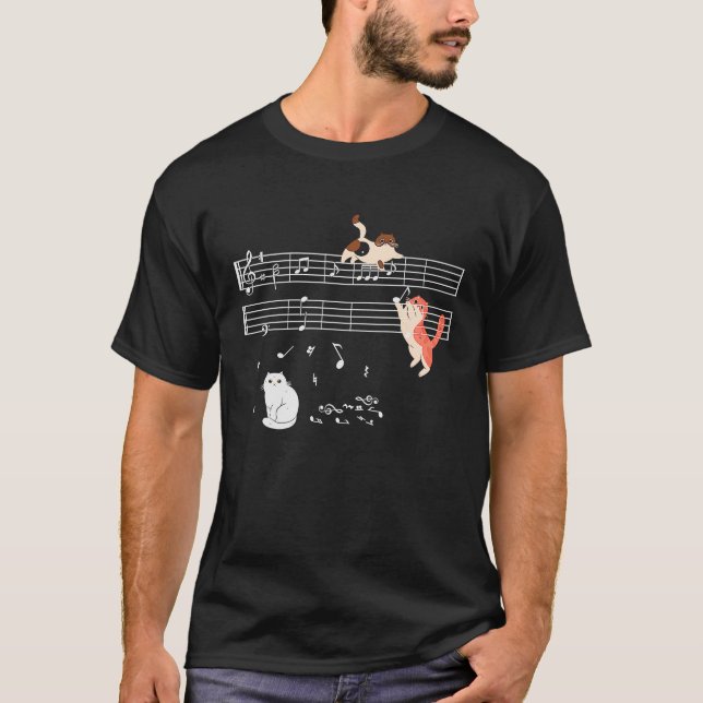 Clef Musician Cute Cat Kitty Playing Music Note T-Shirt (Front)