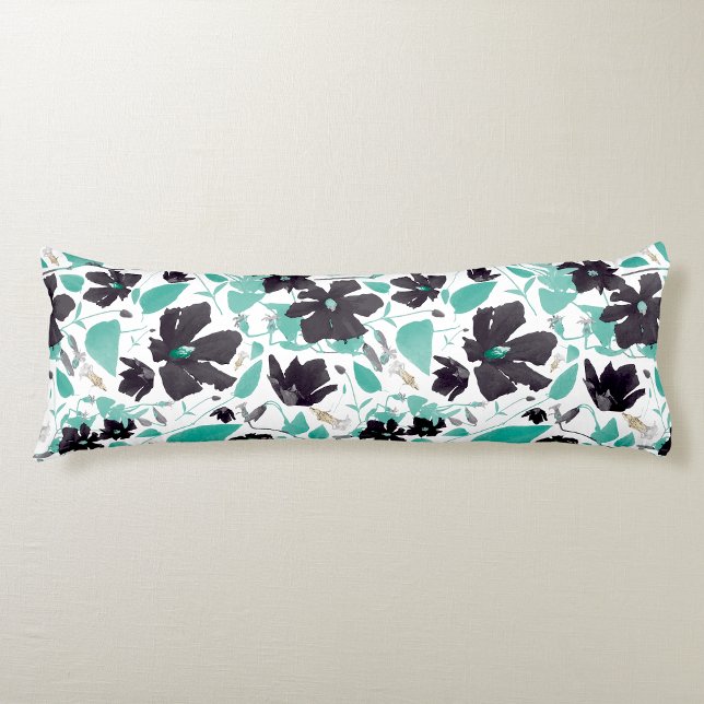 Clematis Floral Grey Teal Watercolor Body Cushion (Clematis Floral Gray Teal Watercolor Body Pillow from Studio Posies.)