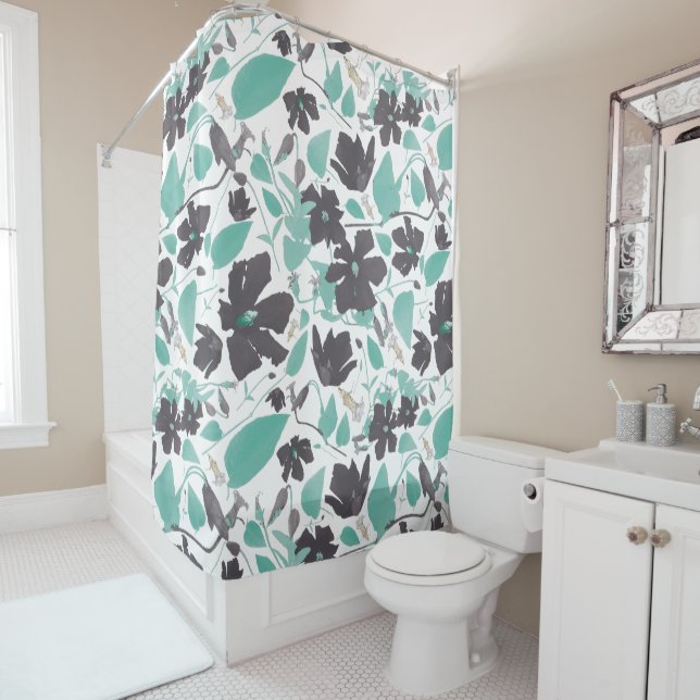 Clematis Floral Mint Pattern Shower Curtain (In Situ)