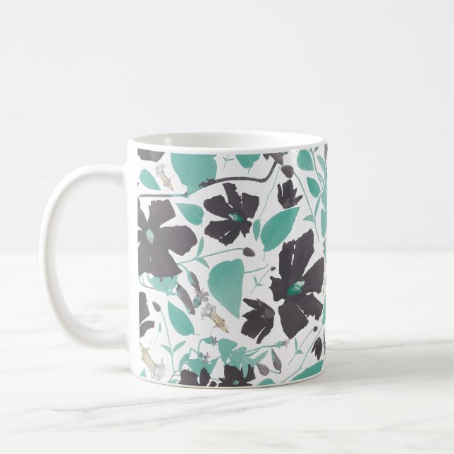 Clematis Floral Pattern Teal Brown Coffee Mug (Left)