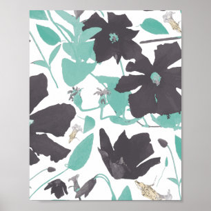 Clematis Floral Teal Brown Pattern Art Print