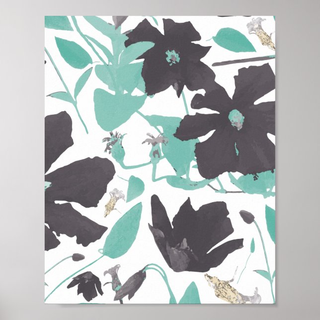 Clematis Floral Teal Brown Pattern Art Print (Front)