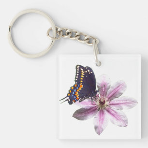 Clematis flower and black swallowtail butterfly key ring