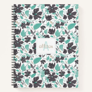 Clematis Flowers Teal Brown Pattern With Monogram Notebook