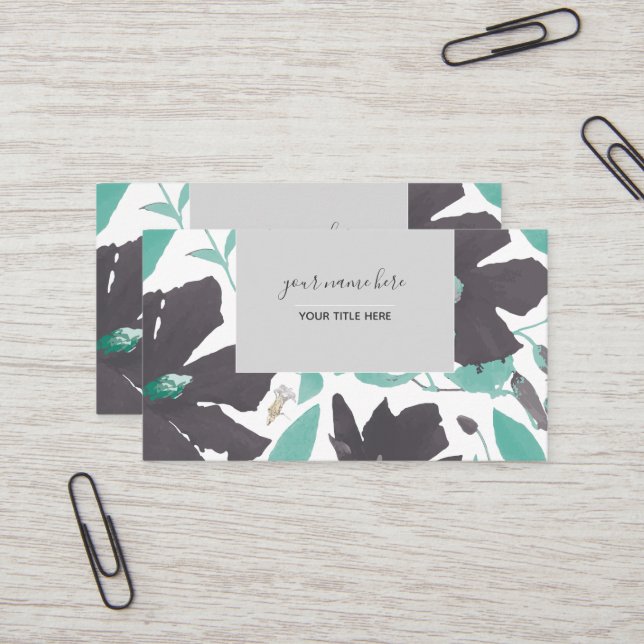 Clematis Grey Teal Floral Pattern Business Card (Front/Back In Situ)