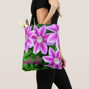 Clematis pink flowers green botanical momlife tote bag