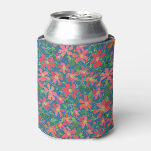 Clematis Pink, Red, Orange Floral on Deep Blue Can Cooler