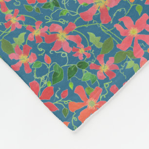 Clematis Pink, Red, Orange Floral on Deep Blue Fleece Blanket