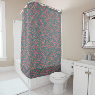 Clematis Pink, Red, Orange Floral on Deep Blue Shower Curtain