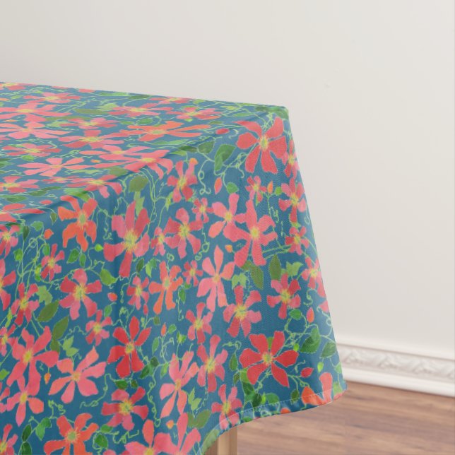 Clematis Pink, Red, Orange Floral on Deep Blue Tablecloth (In Situ)