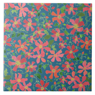 Clematis Pink, Red, Orange Floral on Deep Blue Tile