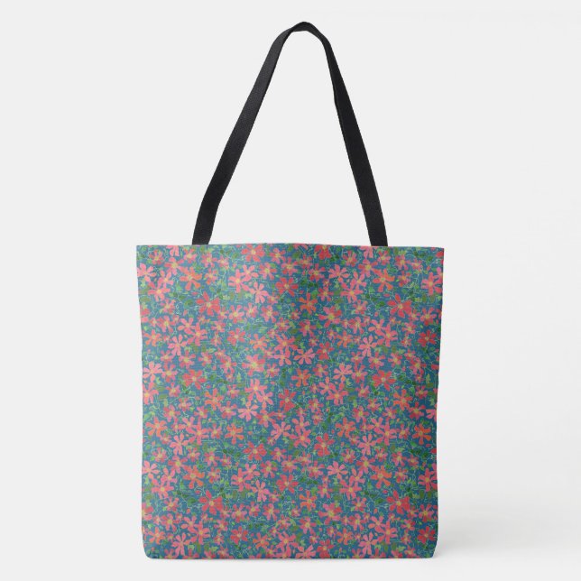 Clematis Pink, Red, Orange Floral on Deep Blue Tote Bag (Front)