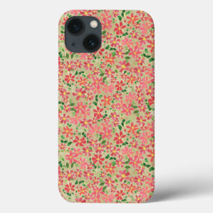 Clematis Pink, Red, Orange Floral Pattern on Taupe iPhone 13 Case