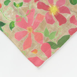 Clematis Pink, Red, Orange Floral Pattern on Taupe Fleece Blanket