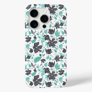 Clematis Teal Watercolor Floral Pattern iPhone 15 Pro Case