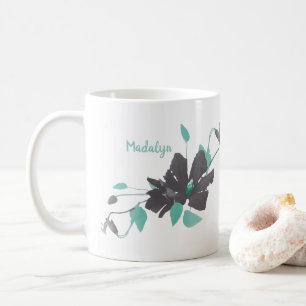 Clematis Teal Watercolor Floral Pattern Name Coffee Mug