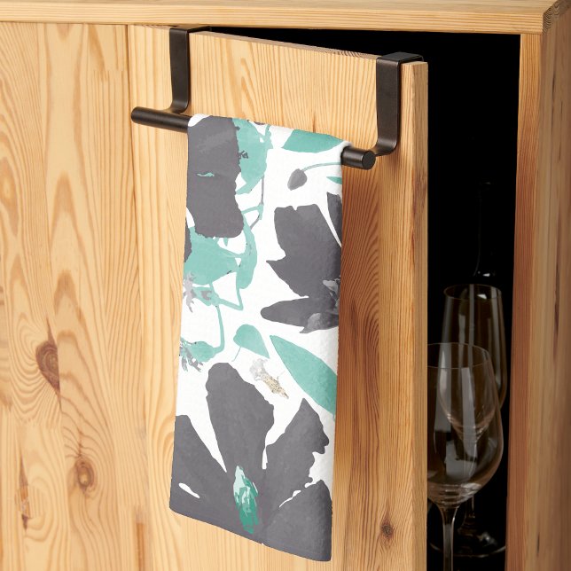 Clematis Vine Floral Grey Teal Watercolor Tea Towel (Clematis Vine Floral Gray Teal Watercolor Kitchen Towel from Studio Posies.)