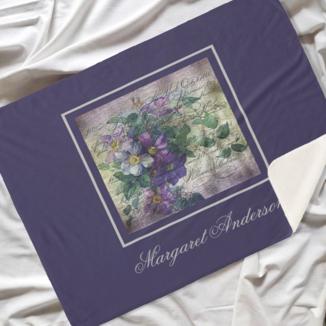 Clematis Vine Handwriting Ephemera Monogram Sherpa Blanket (Creator Uploaded)