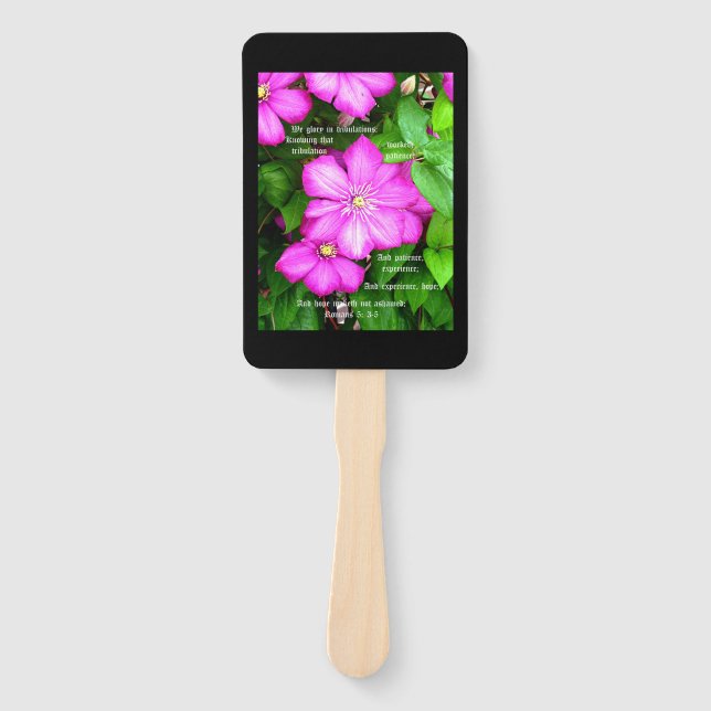 Clematis with Romans 5:3-5 Hand Fan (Front)