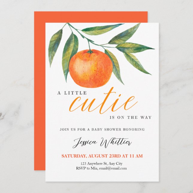 Clementine Watercolor "Cutie" Baby Shower Invitation (Front/Back)