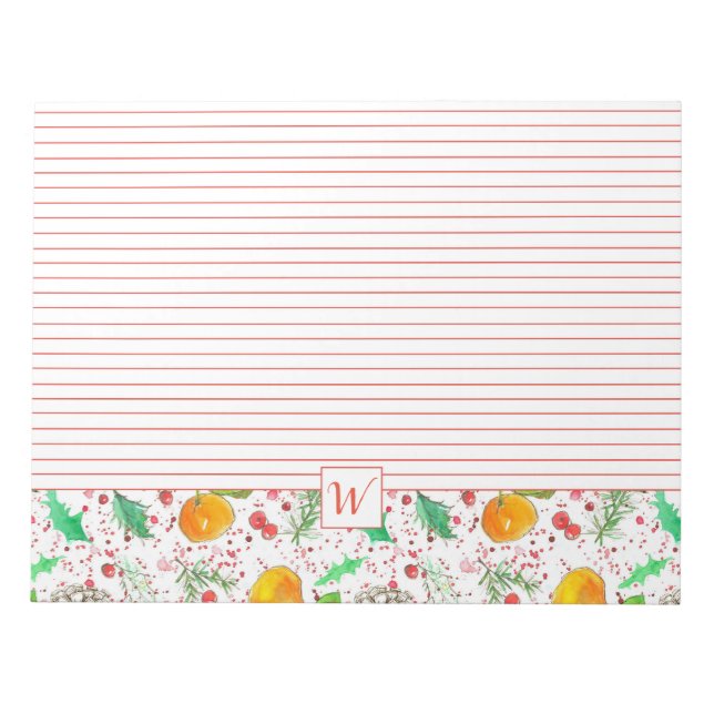 Clementines Cranberries Pine Cones Monogram Notepad (Front)