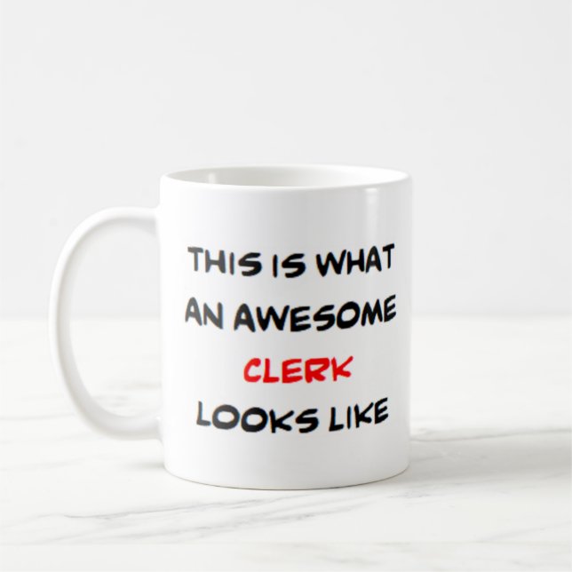 clerk, awesome coffee mug (Left)