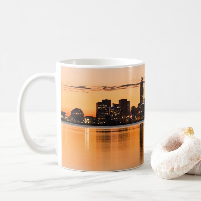 Cleveland city Ohio sunset skyline river landscape Coffee Mug (With Donut)