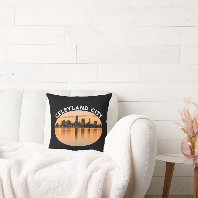 Cleveland city sunset skyline football shape cushion (Couch)