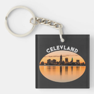 Cleveland city sunset skyline football shape key ring