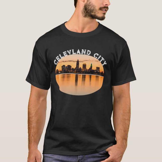 Cleveland city sunset skyline football shape T-Shirt (Front)