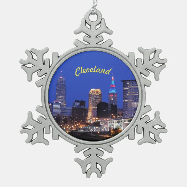 Cleveland Night Skyline Snowflake Pewter Christmas Ornament (Front)