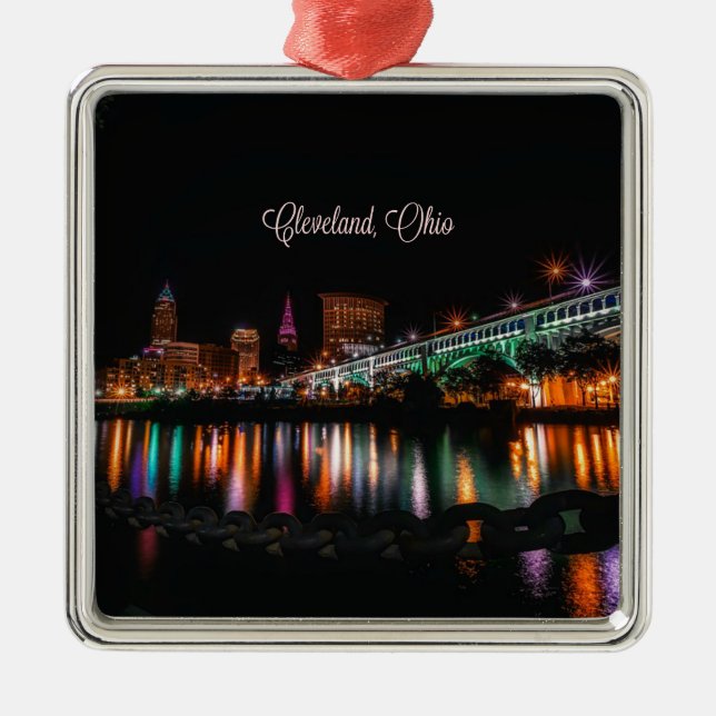 Cleveland, Ohio at night, labelled Metal Tree Decoration (Front)