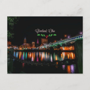 Cleveland, Ohio cityscape, Christmas holly, Postcard