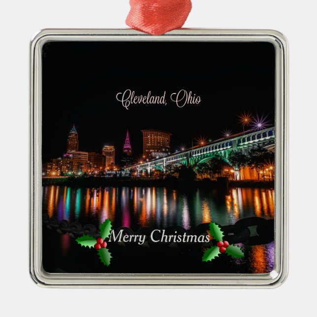 Cleveland, Ohio cityscape, Merry Christmas Metal O Metal Tree Decoration (Front)